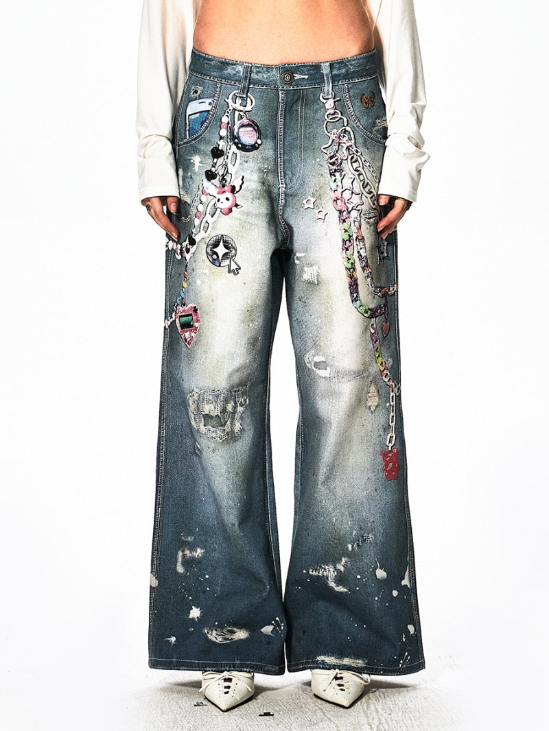 Charm Chain Graphic Wide Jeans