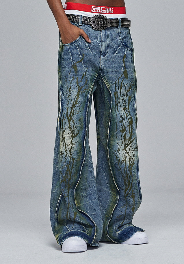 Abstract Splatter Washed Wide Denim Pants