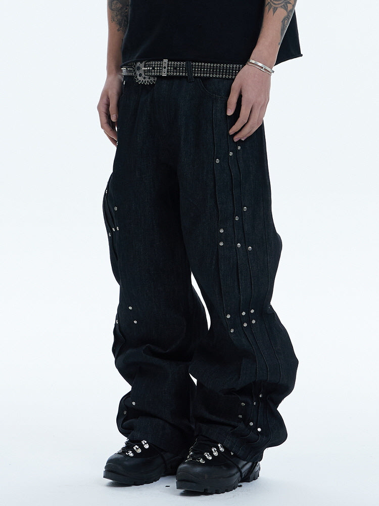 Industrial Rivet Line Wide Black Pants
