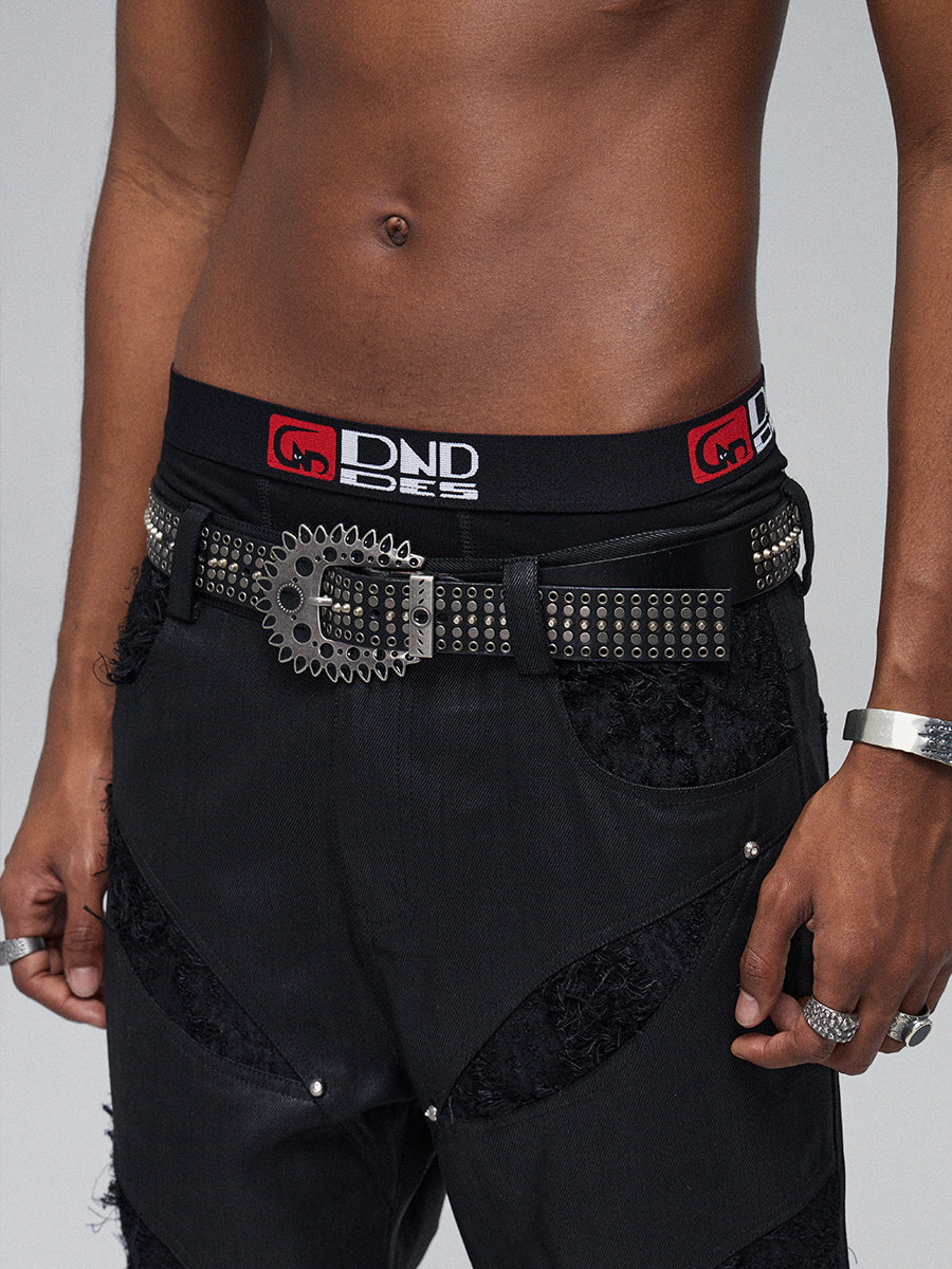 Gear Buckle Studded Leather Belt