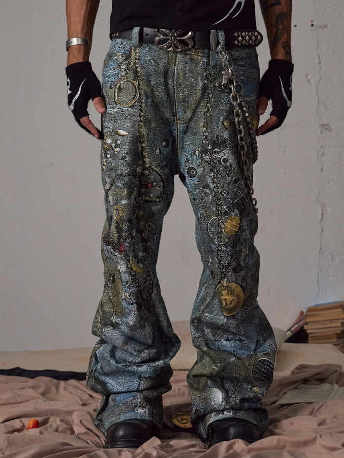 Cyber Grunge Printed Chain Denim Pants