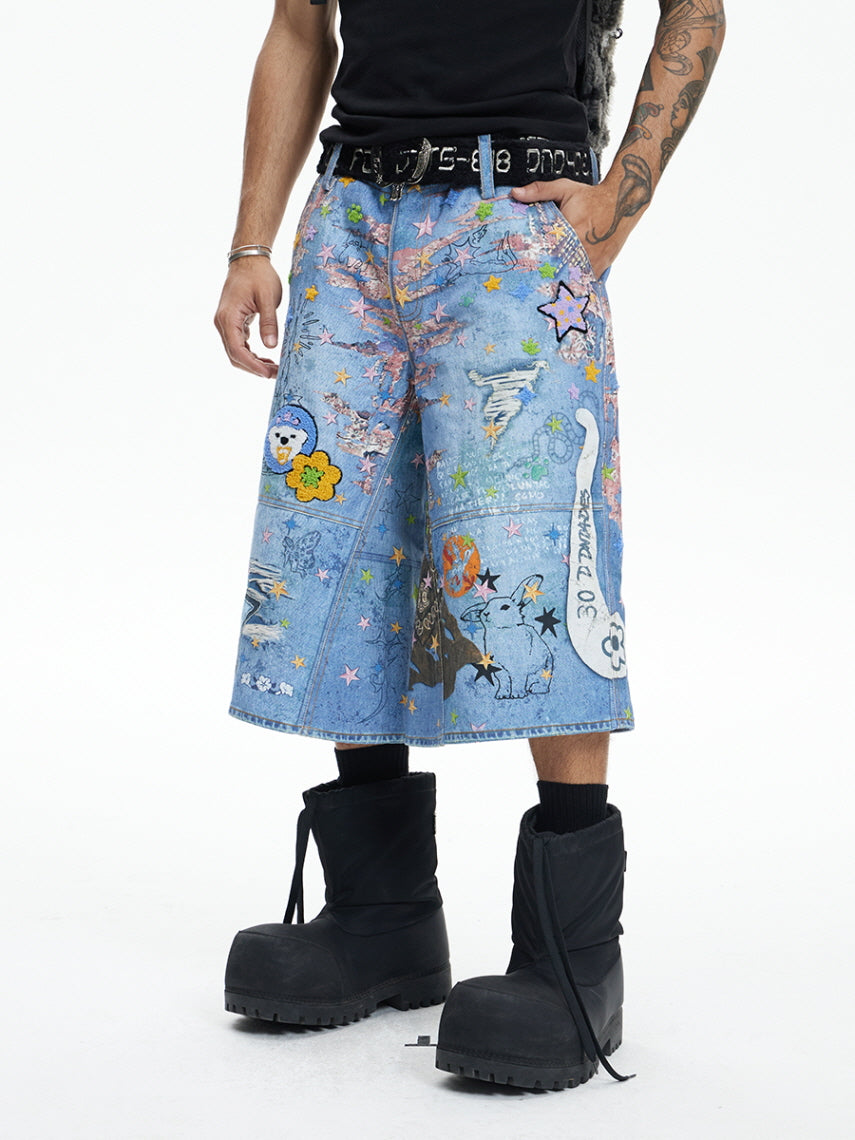 Star Graffiti Art Denim Short Pants
