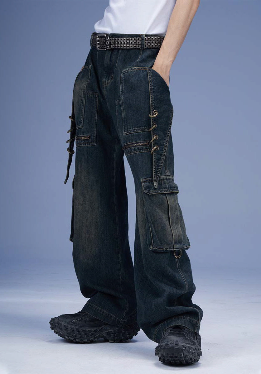 Metal Loop Detail Wide Denim Cargo Pants