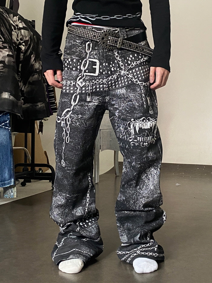 Vampire Chain Printed Wide Denim