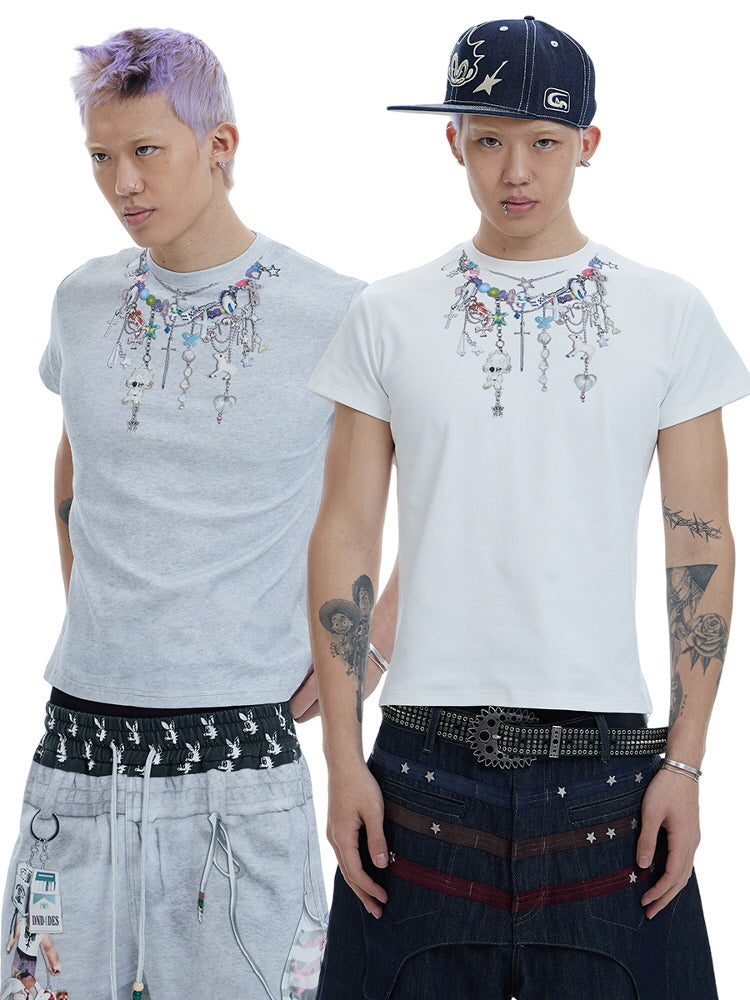 Beaded Charm Necklace Print Tee