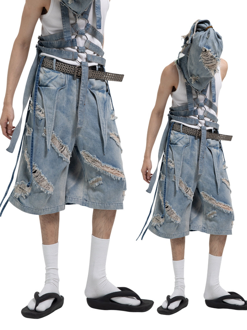 Deconstructed Strap Denim Shorts