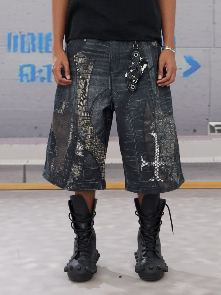 Reptile Patchwork Denim Shorts