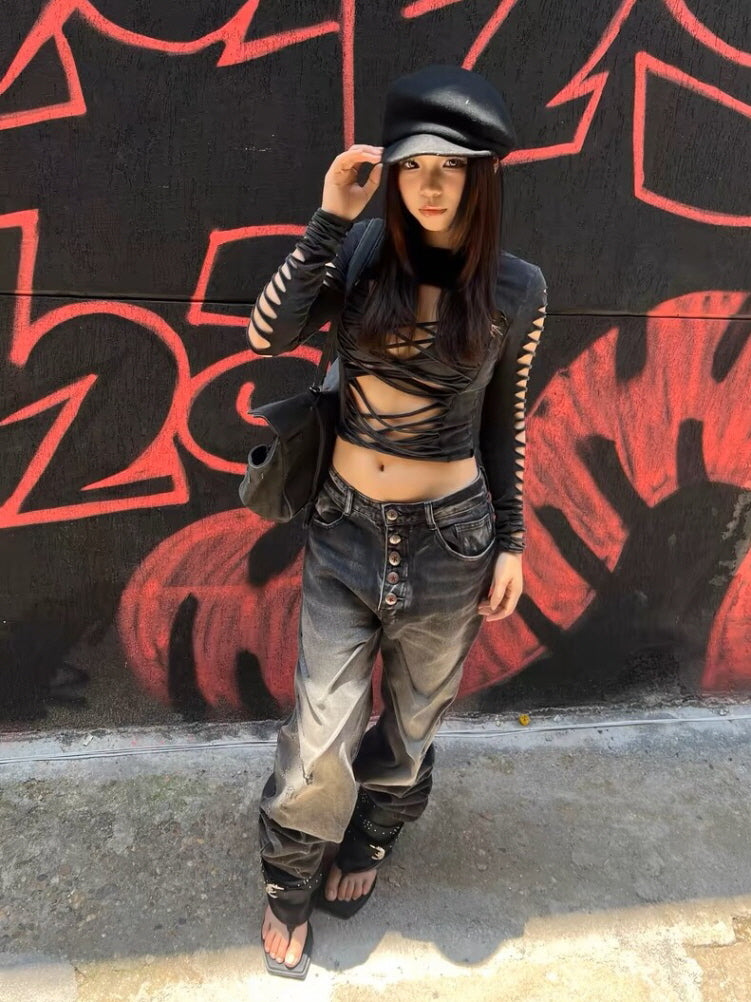 Faded Black Stacked Wide-Leg Denim Pants