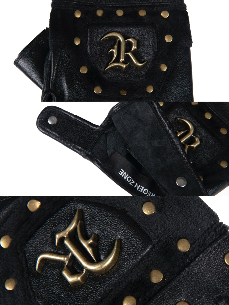 R-Studded Leather Fingerless Gloves