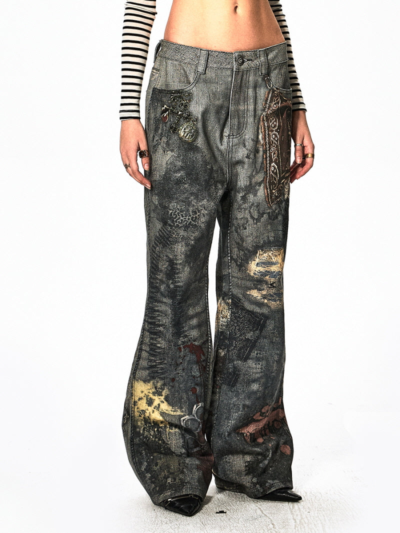 Industrial Graffiti Washed Wide Jeans