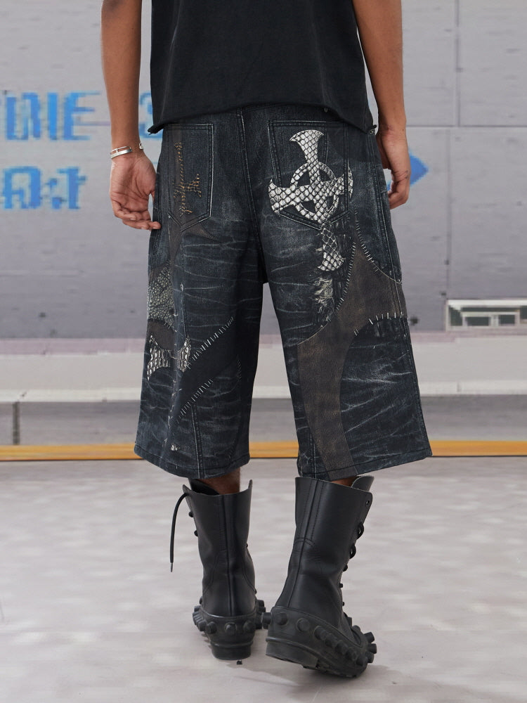 Reptile Patchwork Denim Shorts