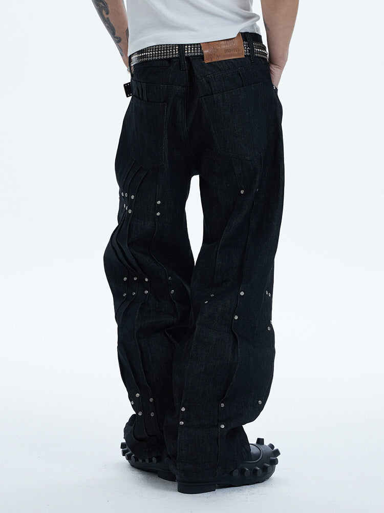 Industrial Rivet Line Wide Black Pants