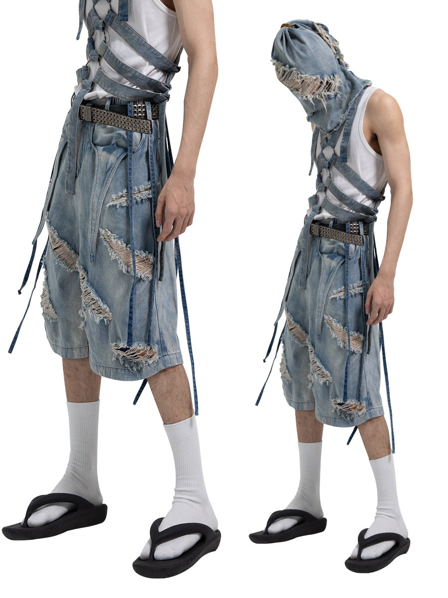 Deconstructed Strap Denim Shorts