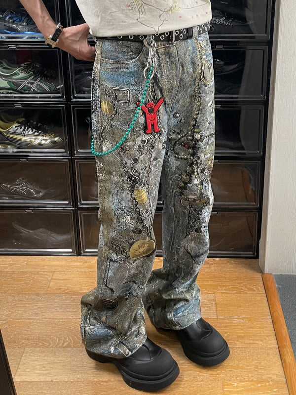 Cyber Grunge Printed Chain Denim Pants