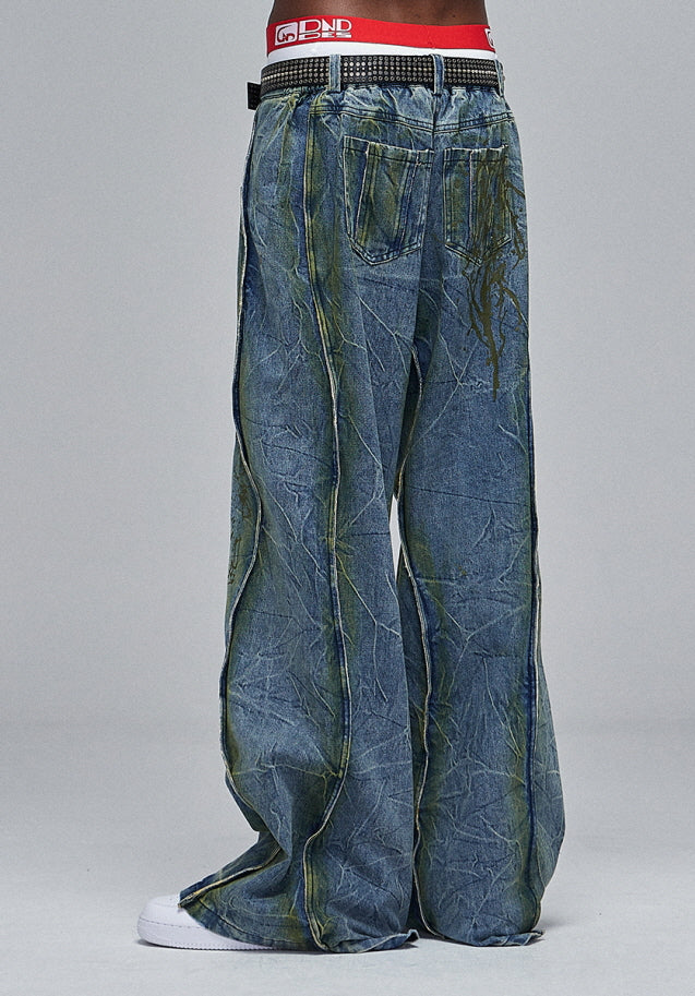 Abstract Splatter Washed Wide Denim Pants