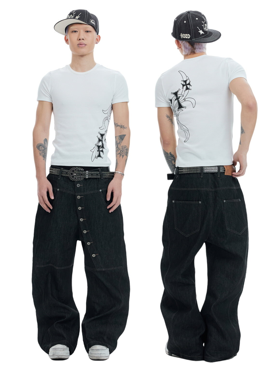 Asymmetric Button Wide-Leg Denim Pants
