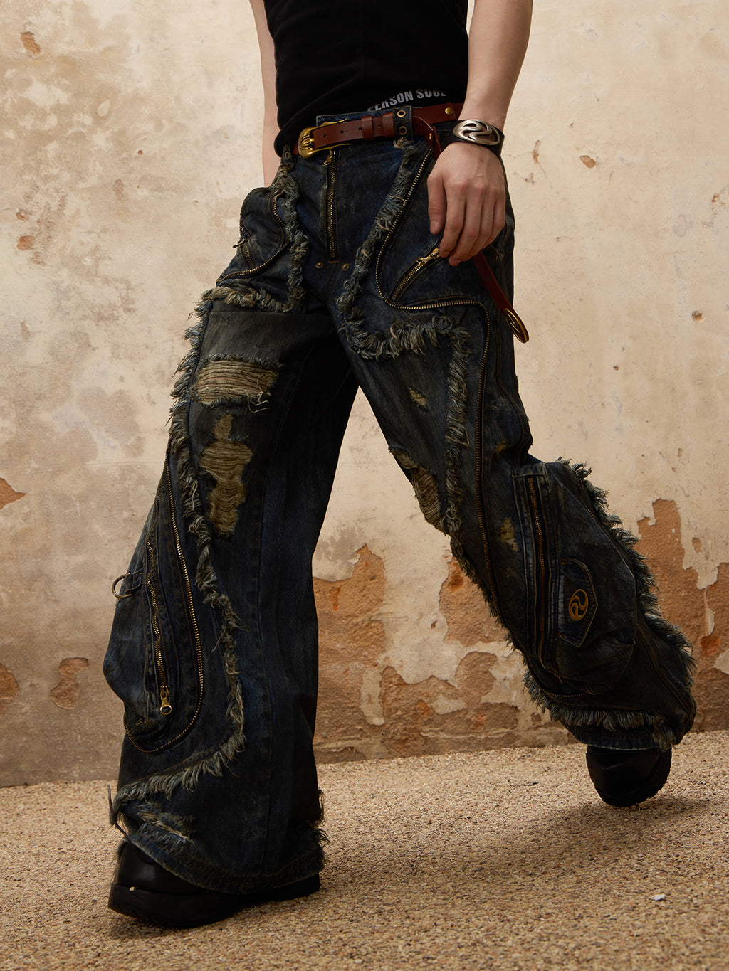 Distressed Multi-Zip Denim Pants