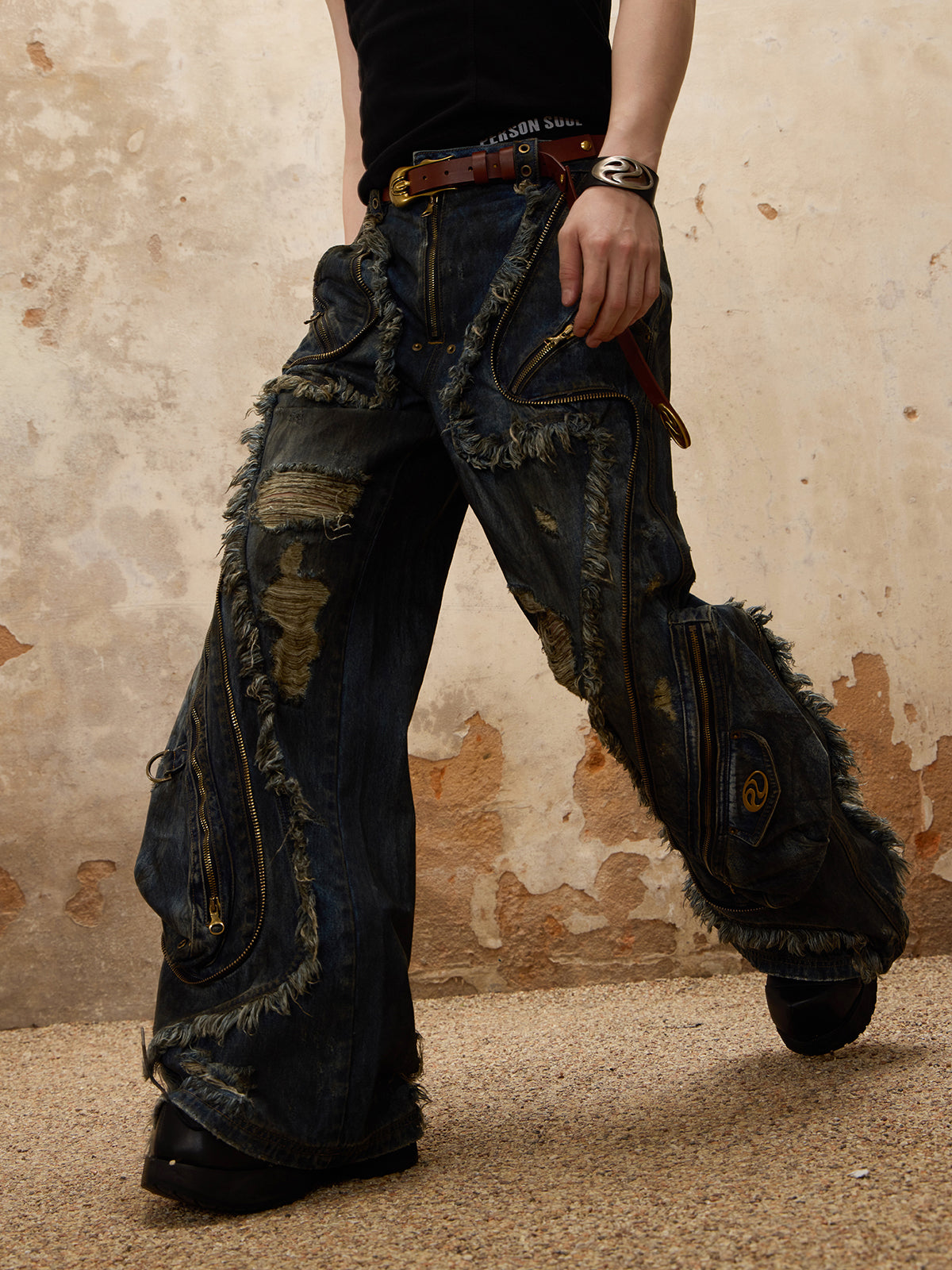 Distressed Multi-Zip Denim Pants