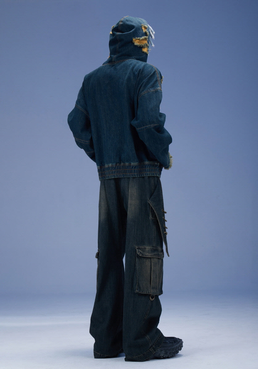 Metal Loop Detail Wide Denim Cargo Pants