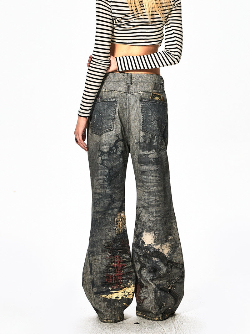 Industrial Graffiti Washed Wide Jeans
