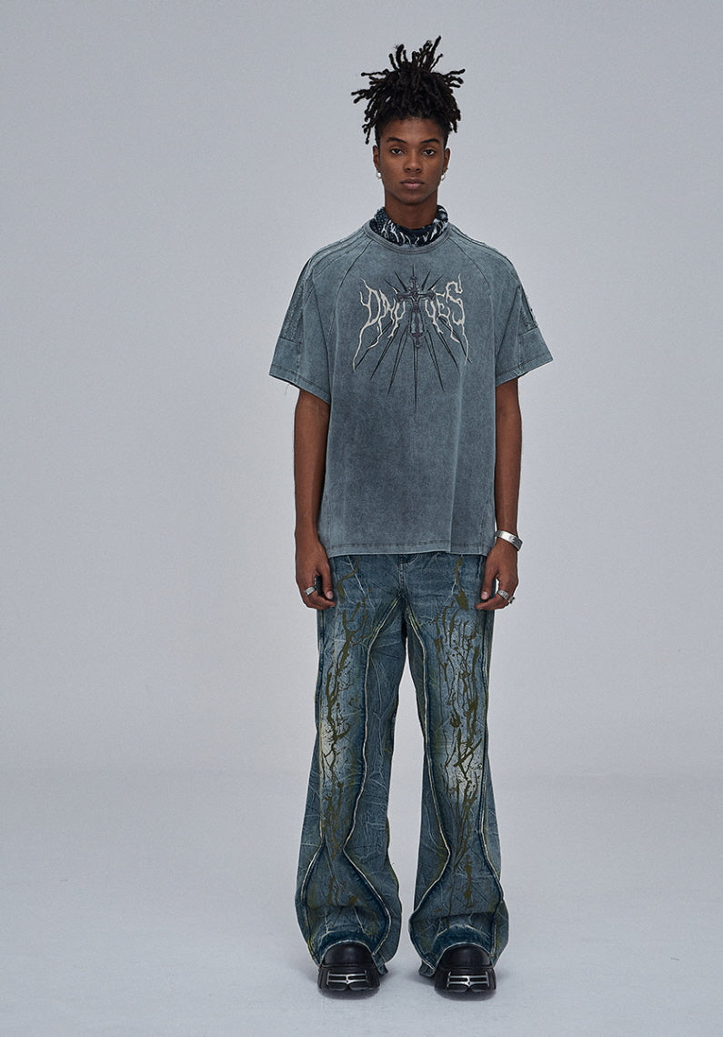 Abstract Splatter Washed Wide Denim Pants