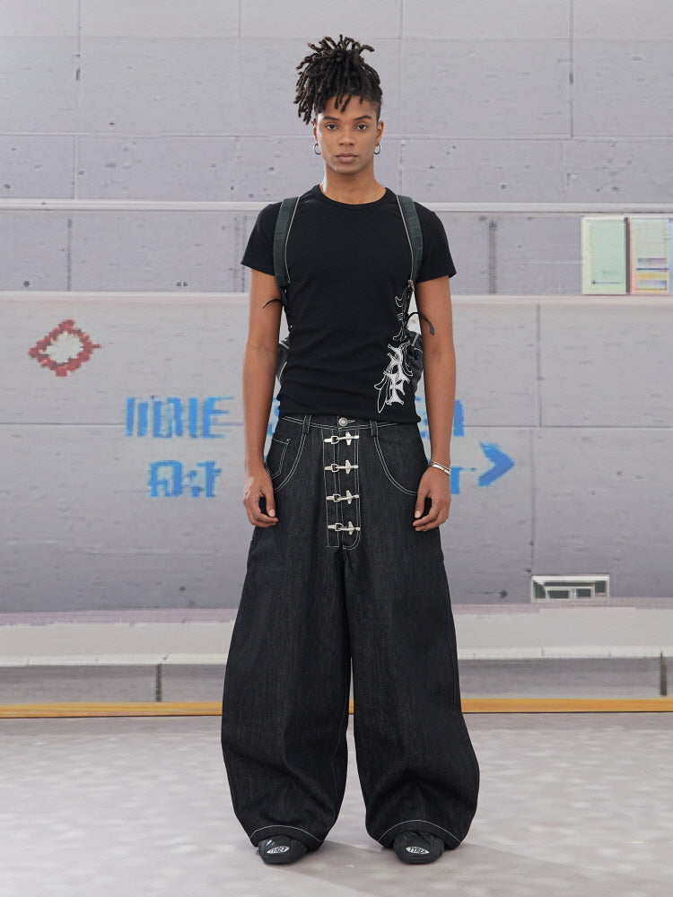 Hook Buckle Wide-Leg Denim Pants