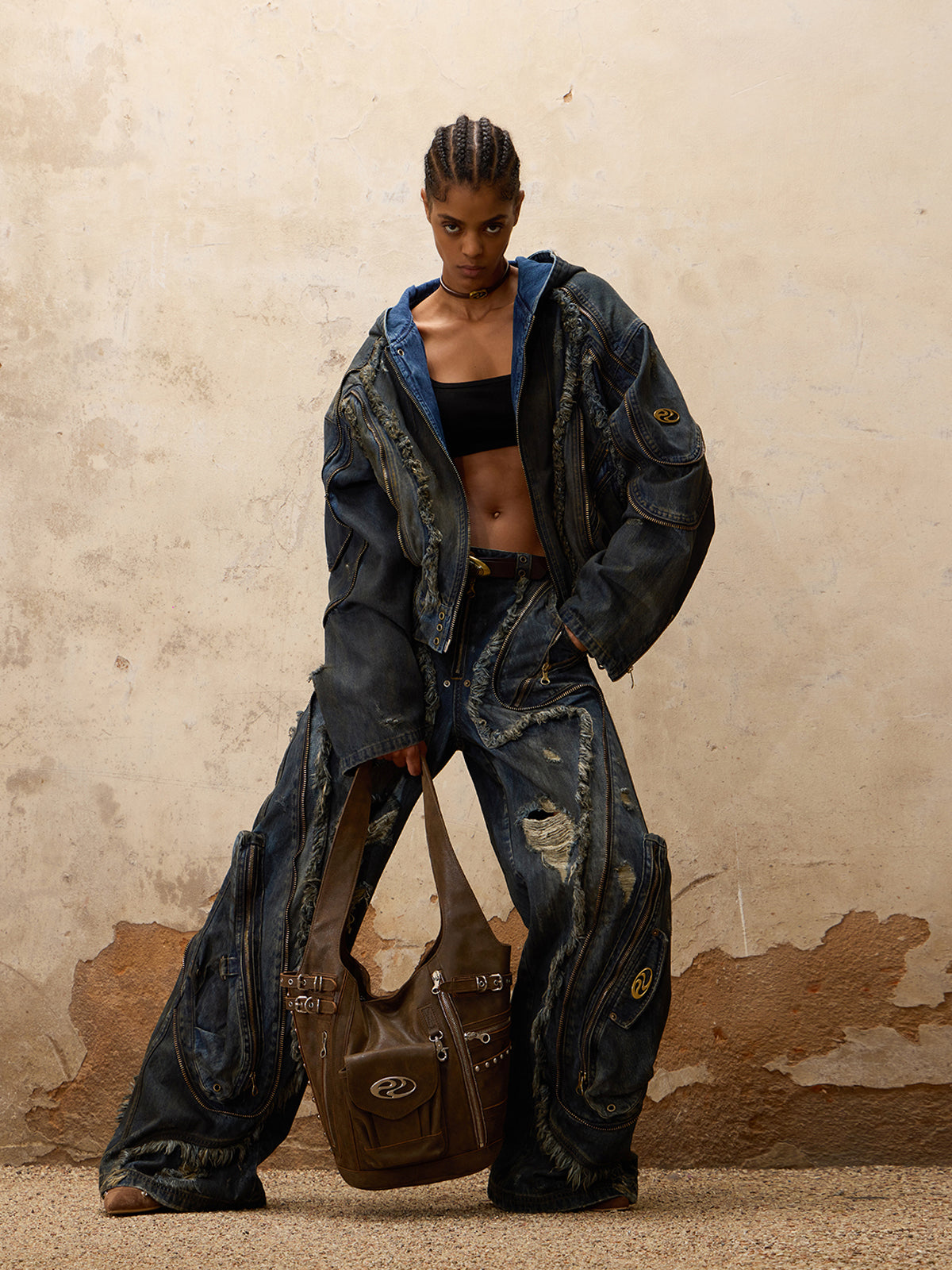 Distressed Multi-Zip Denim Pants