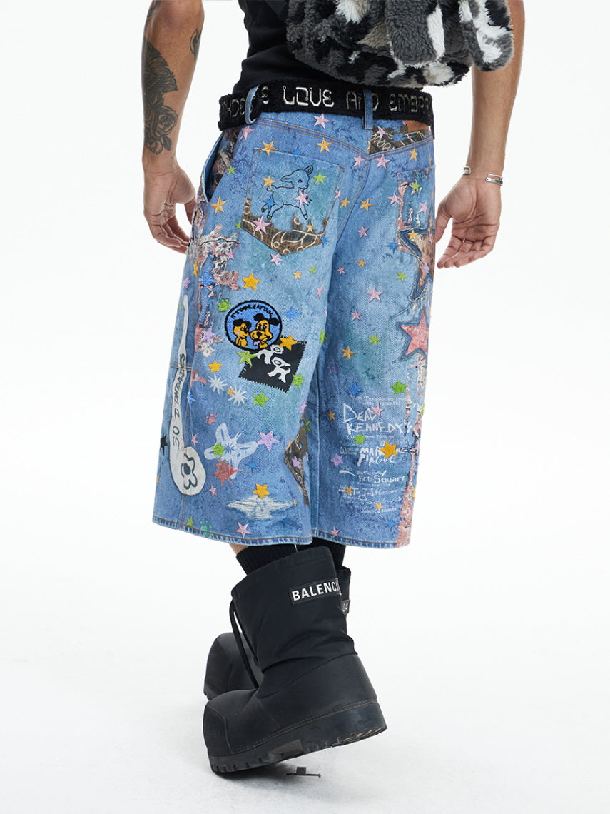 Star Graffiti Art Denim Short Pants