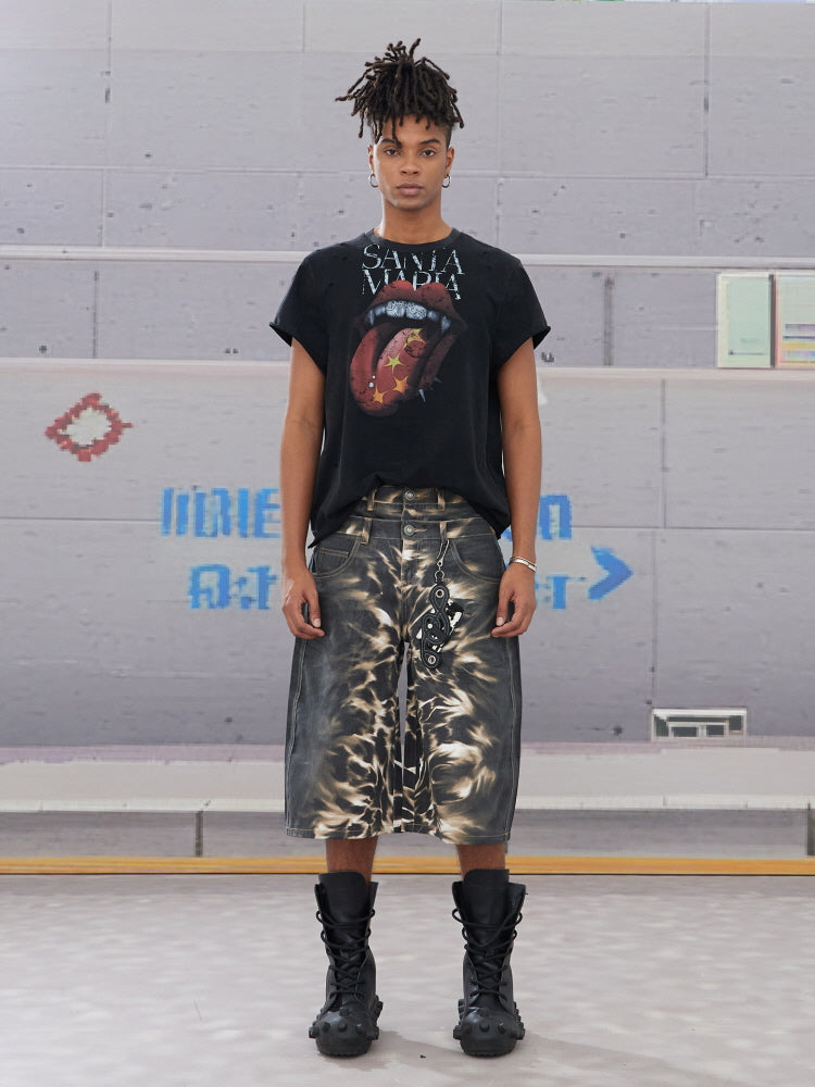 Double Waist Flame Wash Denim Short Pants