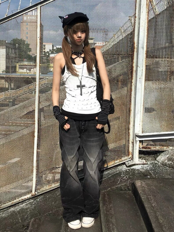 Faded Black Stacked Wide-Leg Denim Pants