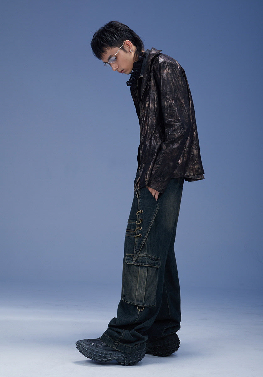 Metal Loop Detail Wide Denim Cargo Pants