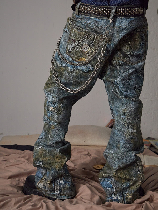 Cyber Grunge Printed Chain Denim Pants