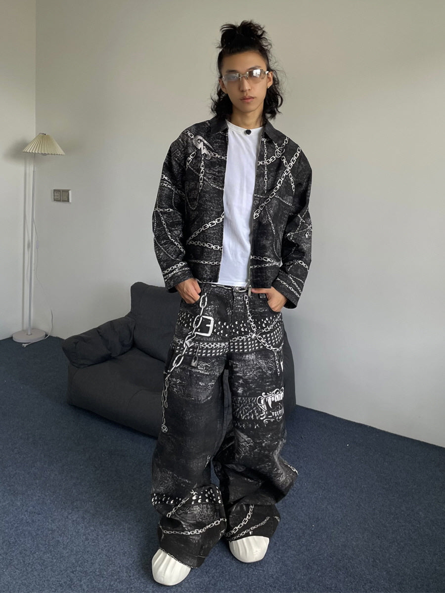 Gothic Chain Graphic Zip-Up Jacket