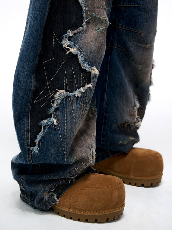 Shattered Patchwork Wide-Leg Denim Pants
