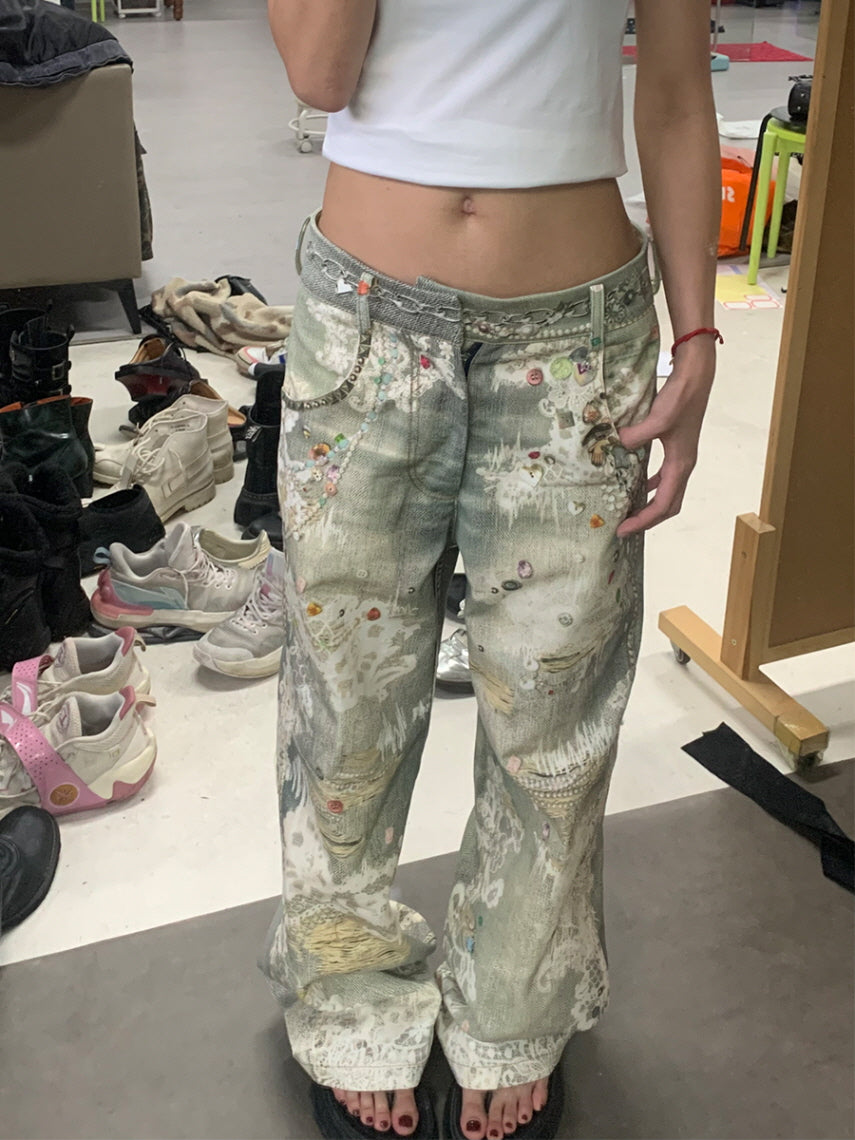 Gem Embellished Lace Patchwork Denim Pants