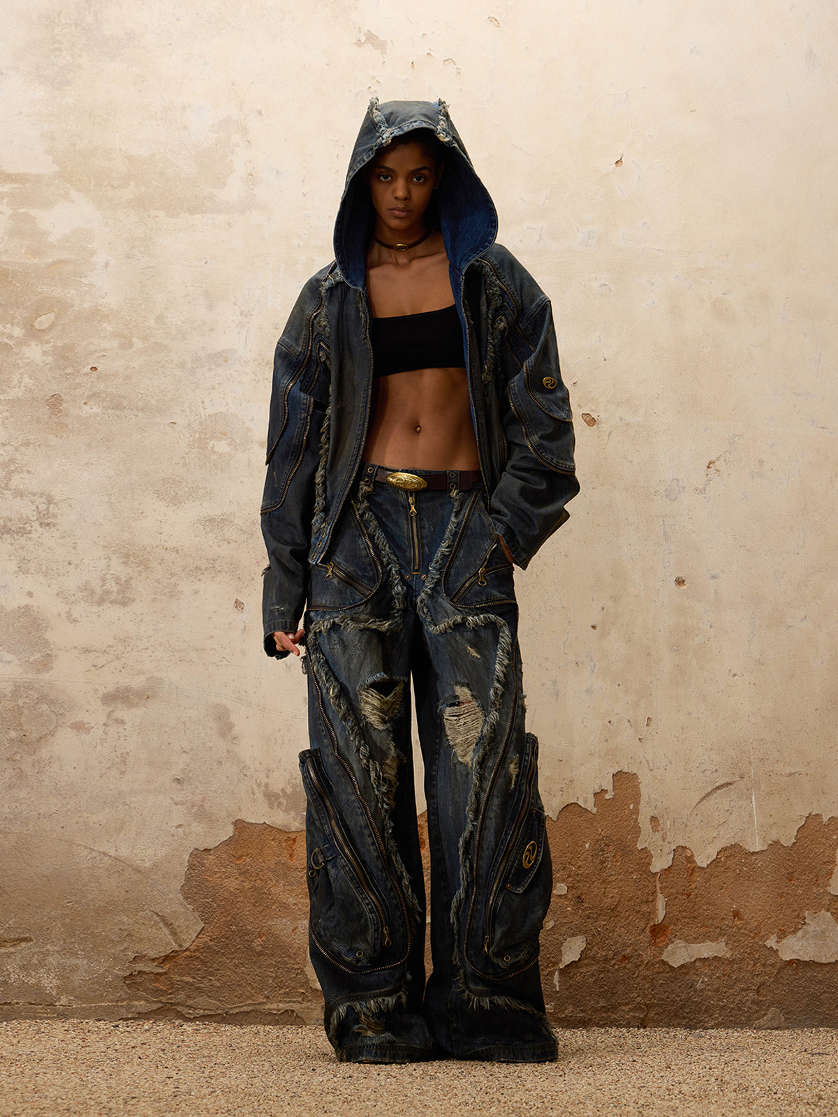 Distressed Multi-Zip Denim Pants
