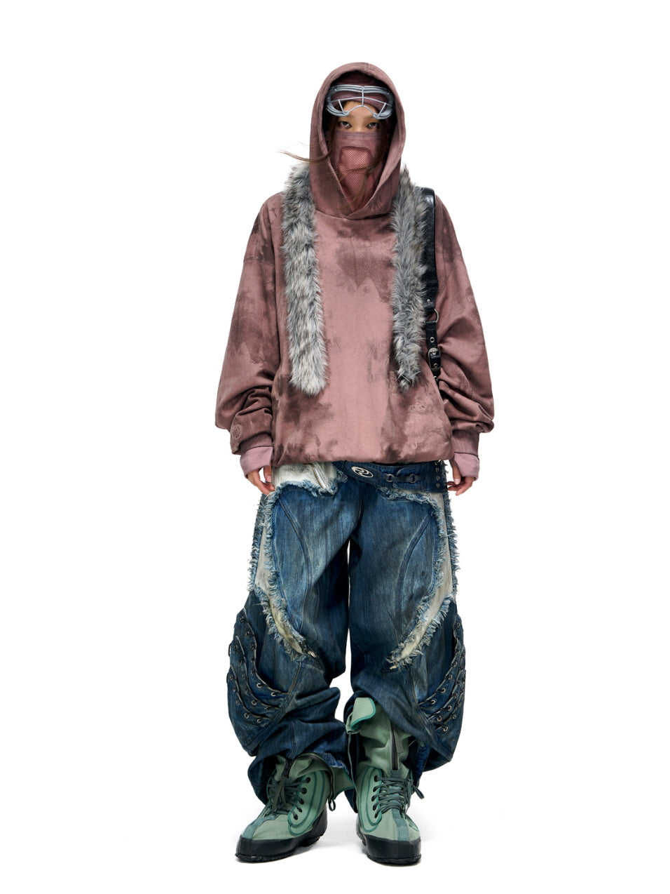 Frayed Lace-Up Panel Denim Pants