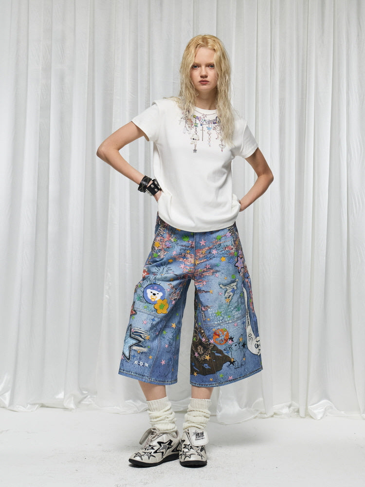 Star Graffiti Art Denim Short Pants