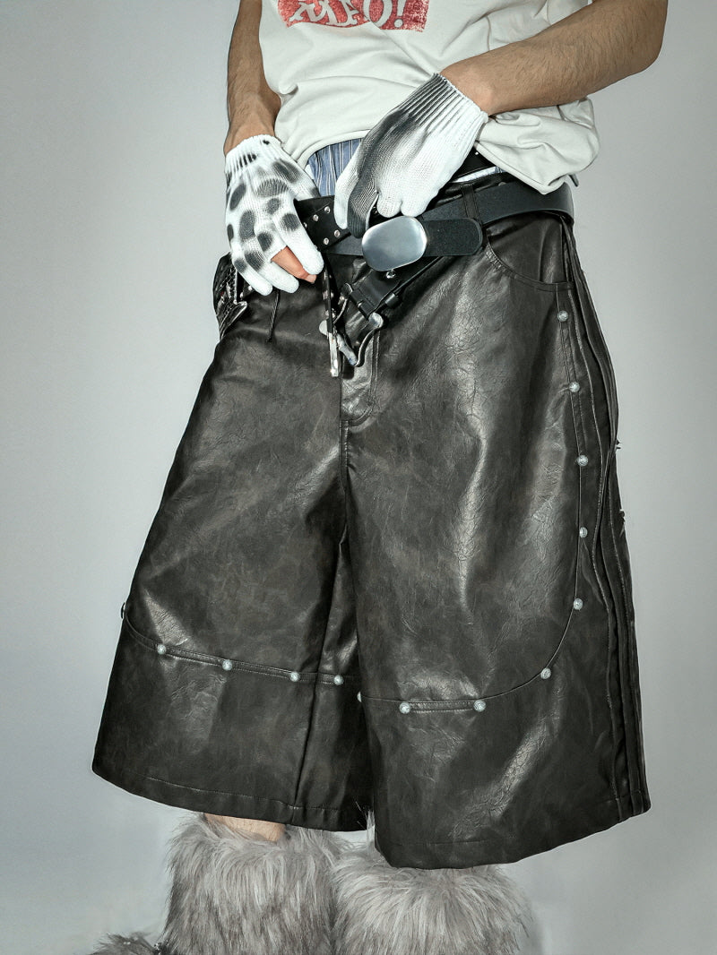 Industrial Studded Leather Wide Shorts