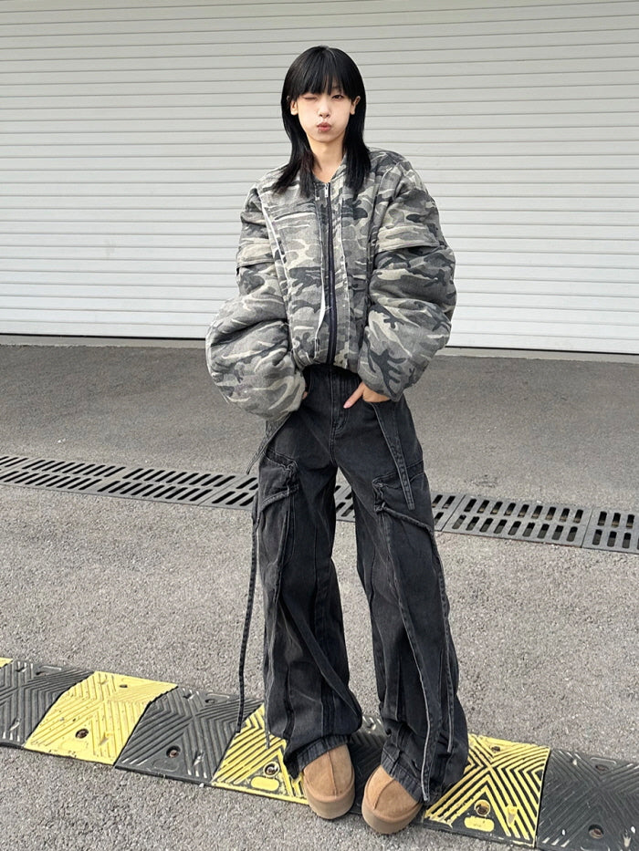 Shadow Stitch Wide-Leg Cargo Denim