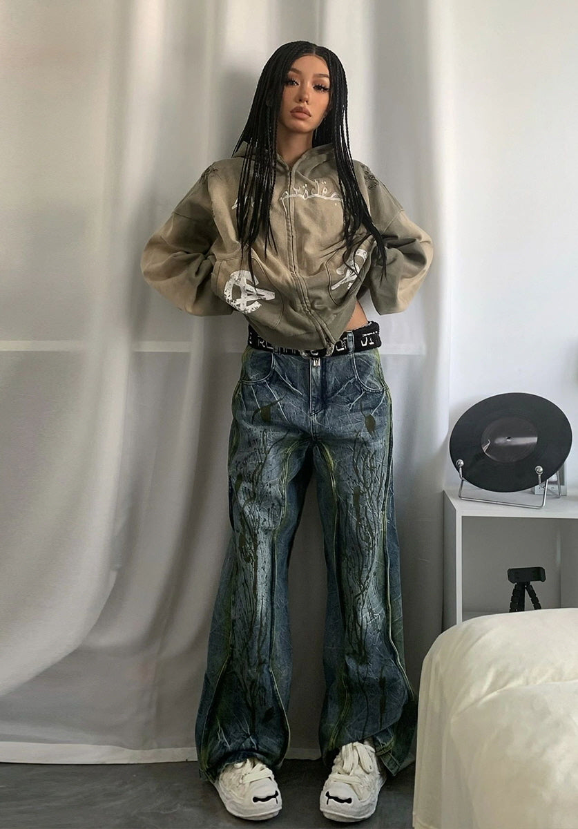 Abstract Splatter Washed Wide Denim Pants