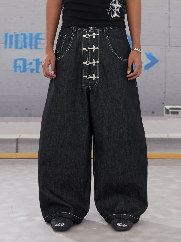 Hook Buckle Wide-Leg Denim Pants