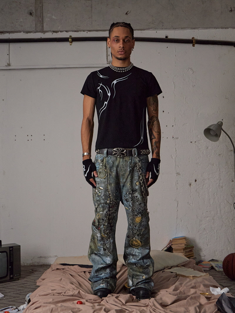Cyber Grunge Printed Chain Denim Pants