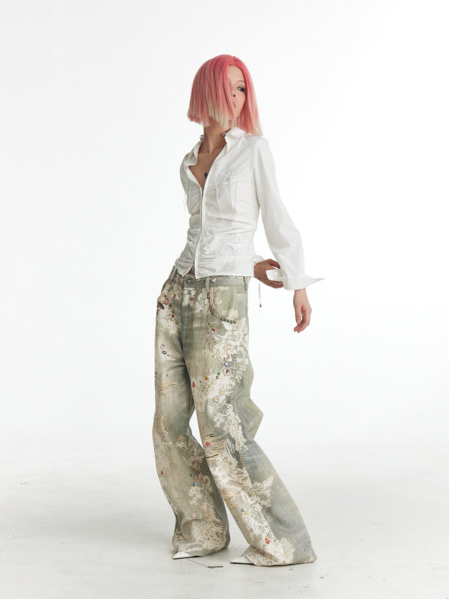 Gem Embellished Lace Patchwork Denim Pants