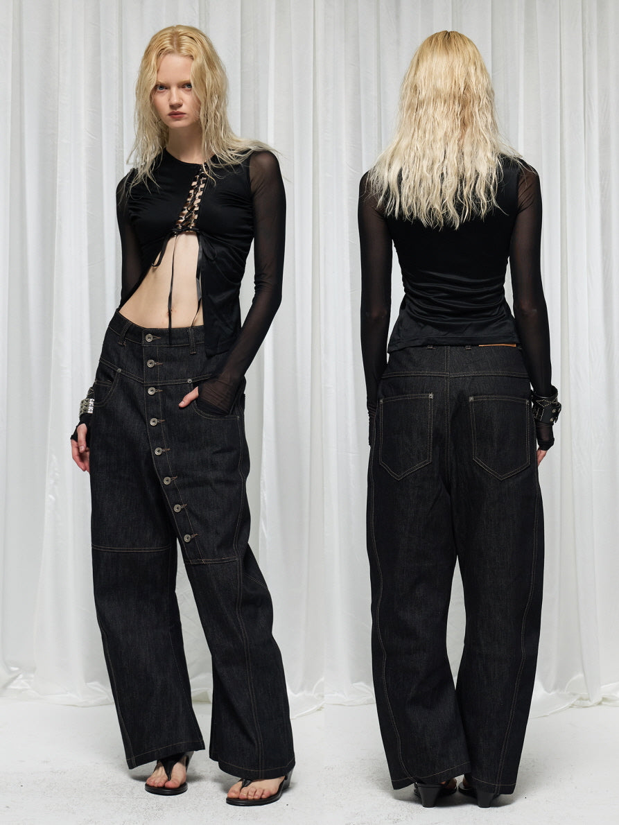 Asymmetric Button Wide-Leg Denim Pants