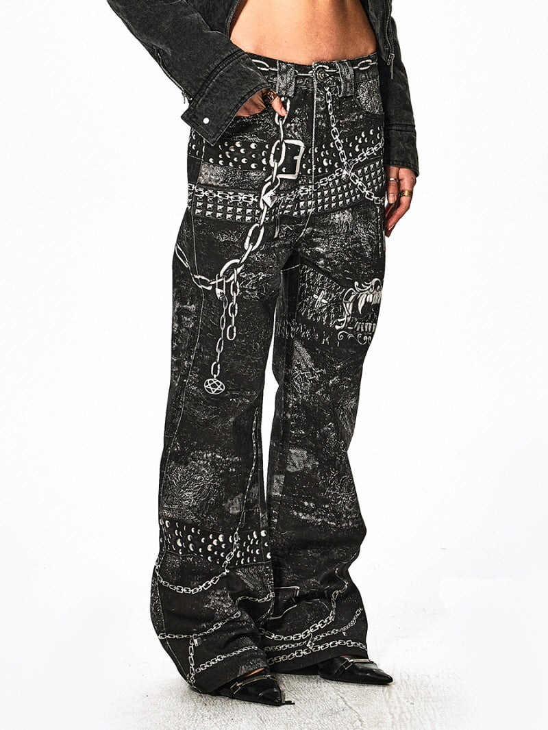 Vampire Chain Printed Wide Denim