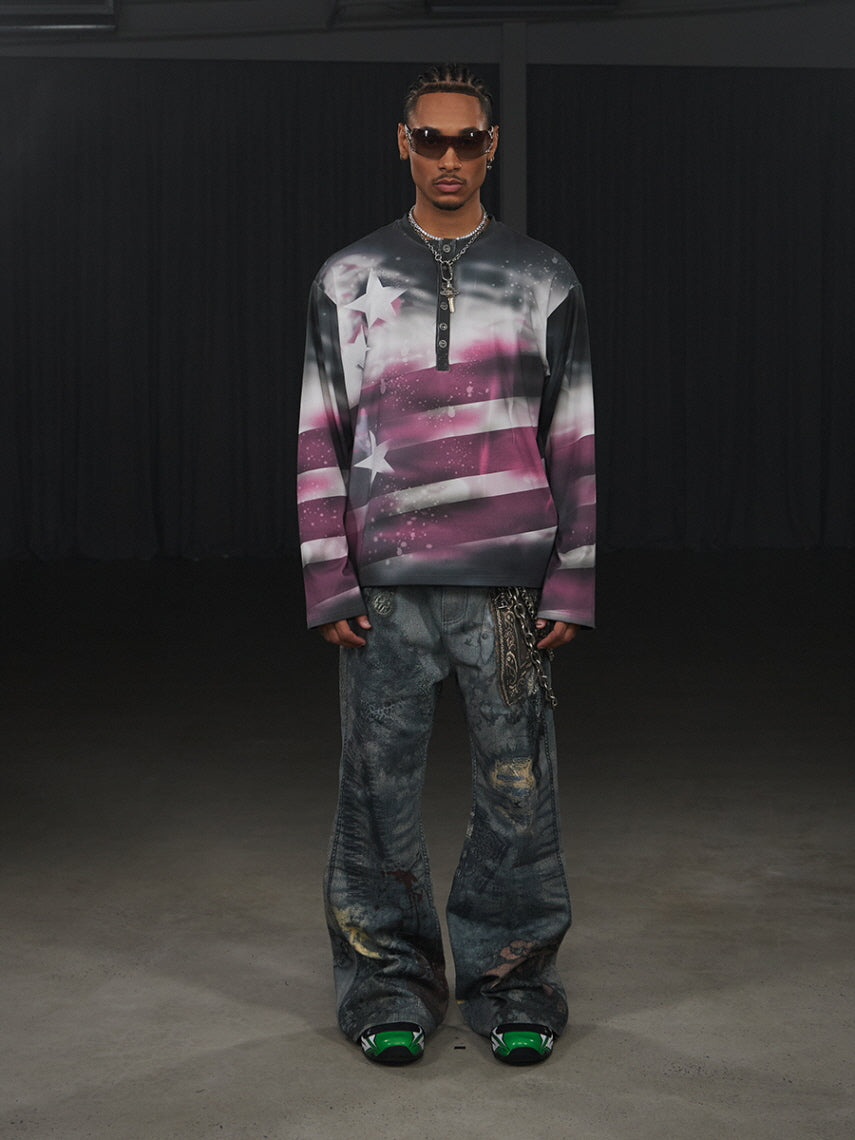 Industrial Graffiti Washed Wide Jeans