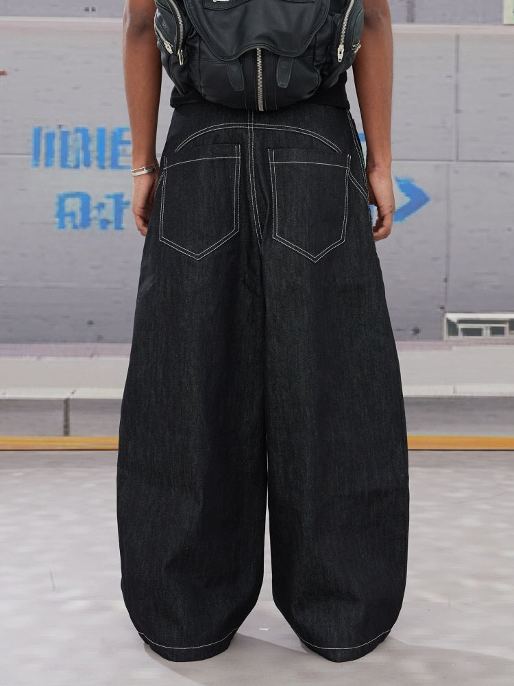 Hook Buckle Wide-Leg Denim Pants