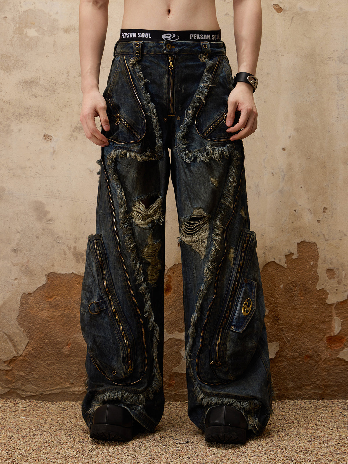 Distressed Multi-Zip Denim Pants