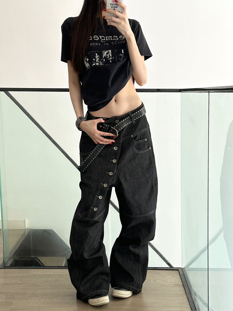 Asymmetric Button Wide-Leg Denim Pants